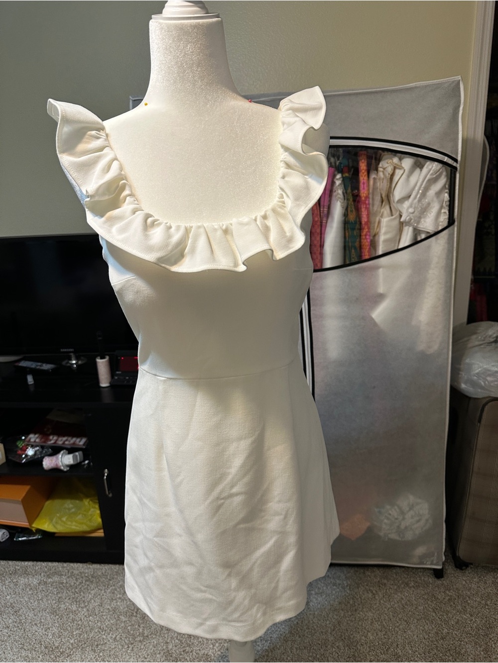 French Connection Cream Sleeveless Dress with Ruffle Detail